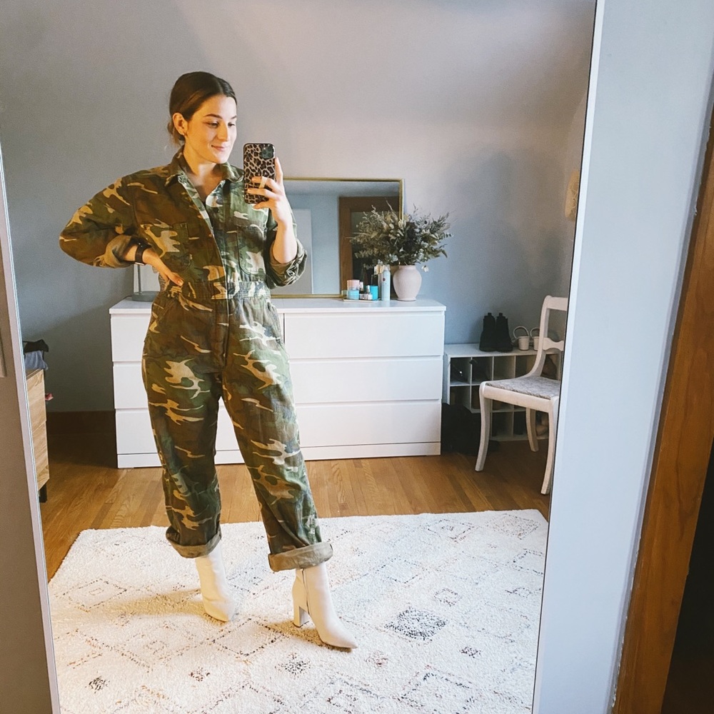 Vintage army print utility jumpsuit with collar
